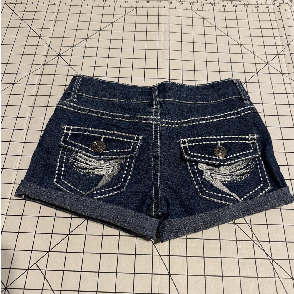 Street Jeans Women Dark Wash Contrast Stitch Wing Embroidered Denim Shorts 3